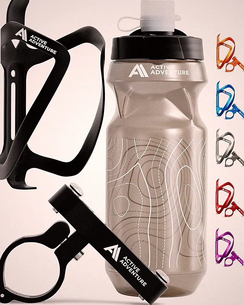 Bike Water Bottle Holder Combo - 20 Oz Squeeze Bottle & Bicycle Mount Cage Rack