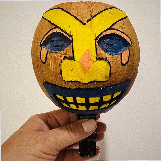 Coconut Cup Holder for Beach Cruiser & Bike - Steel Clamp, Hand-Carved Faces